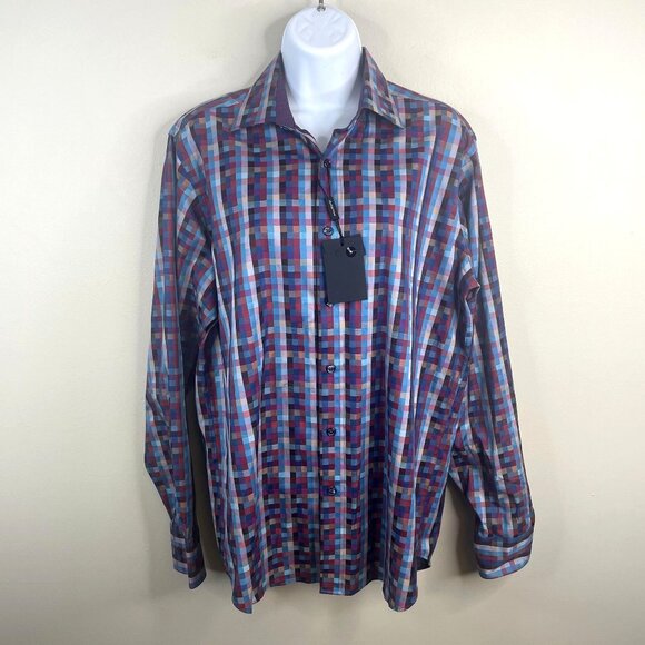Bugatchi Mens Classic Fit Luxury Cotton Check Print Shirt NWT Small Button